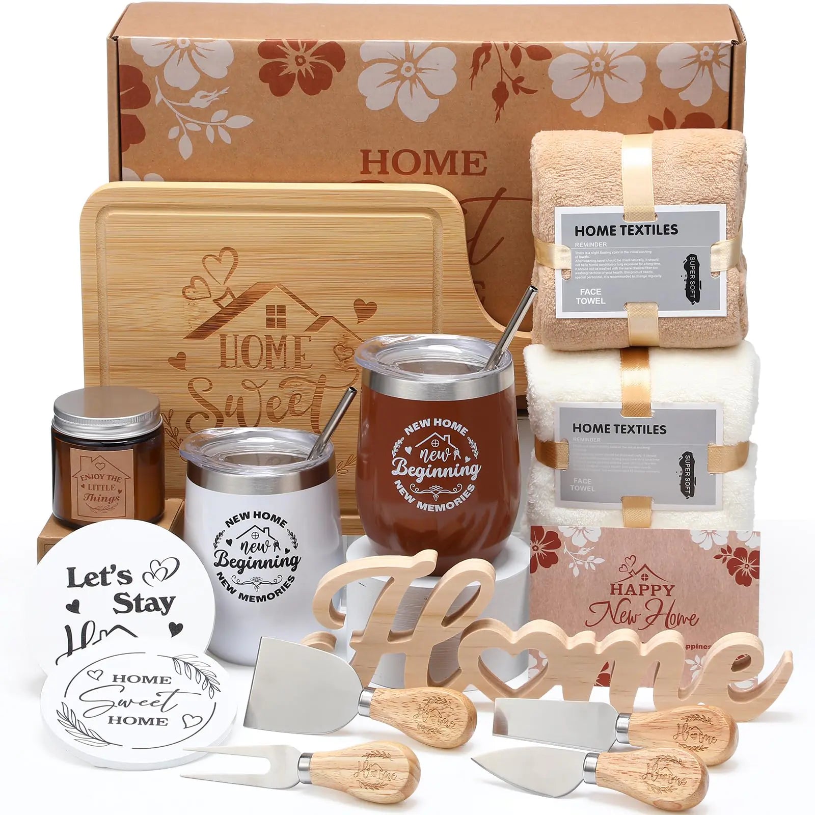 Collection of home-themed kitchenware and decorative items with 'New Home' and 'Home Sweet Home' text.