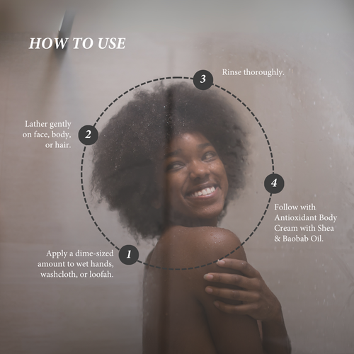 Woman with an afro, with text on how to use a product, on a plain background.