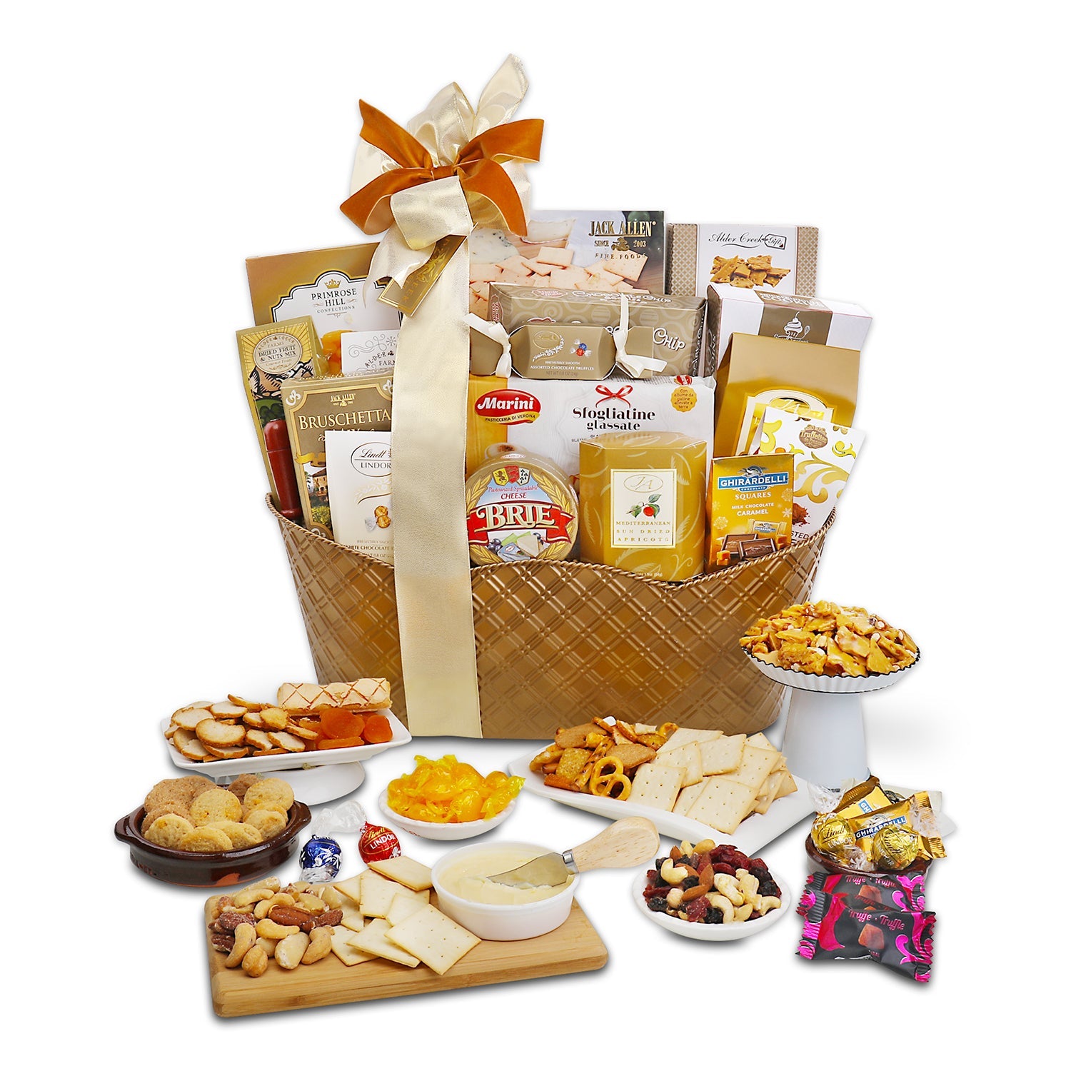 Gourmet gift basket with a variety of snacks and cheeses on a white background