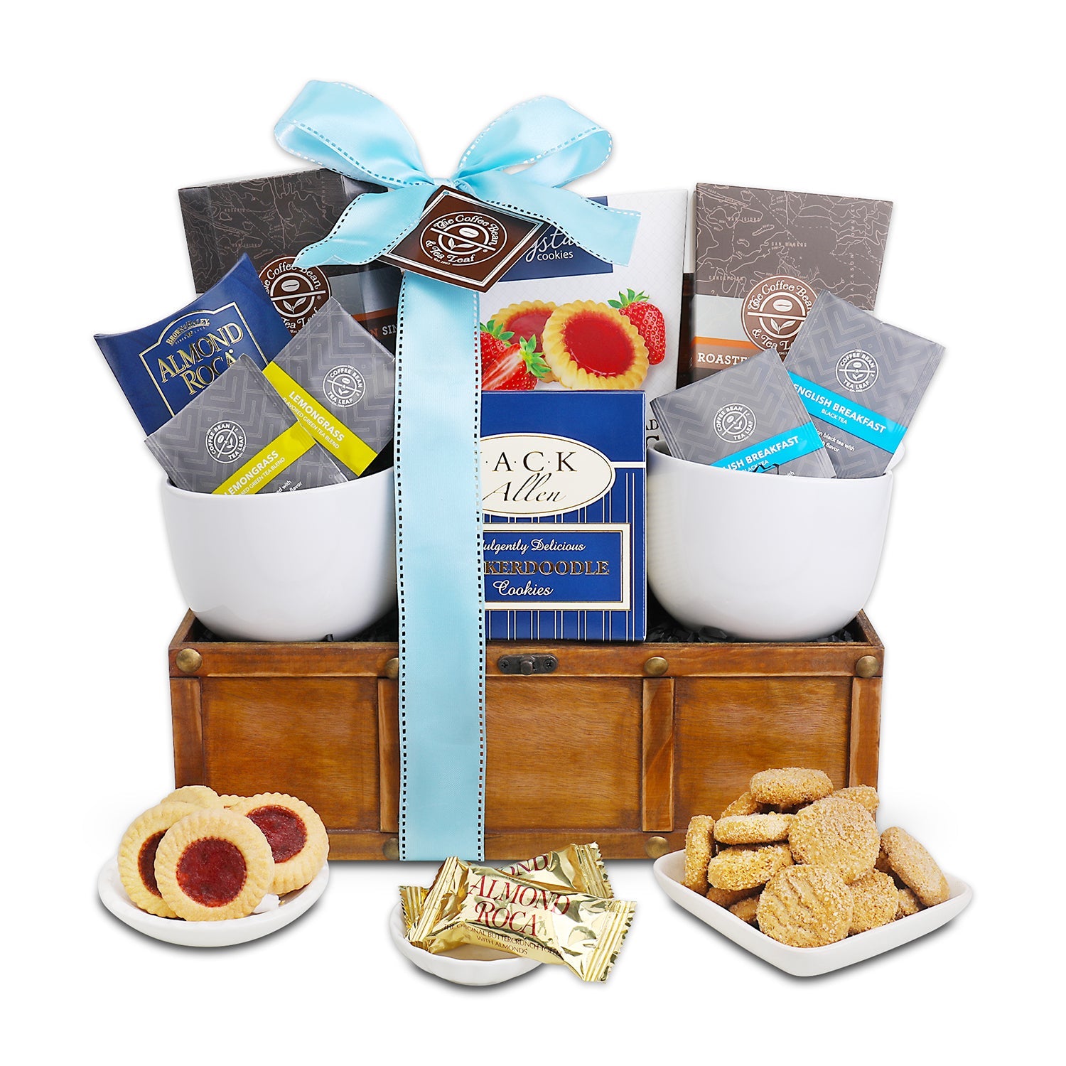 Gift basket with cookies, chocolate, and a box of cookies on a white background