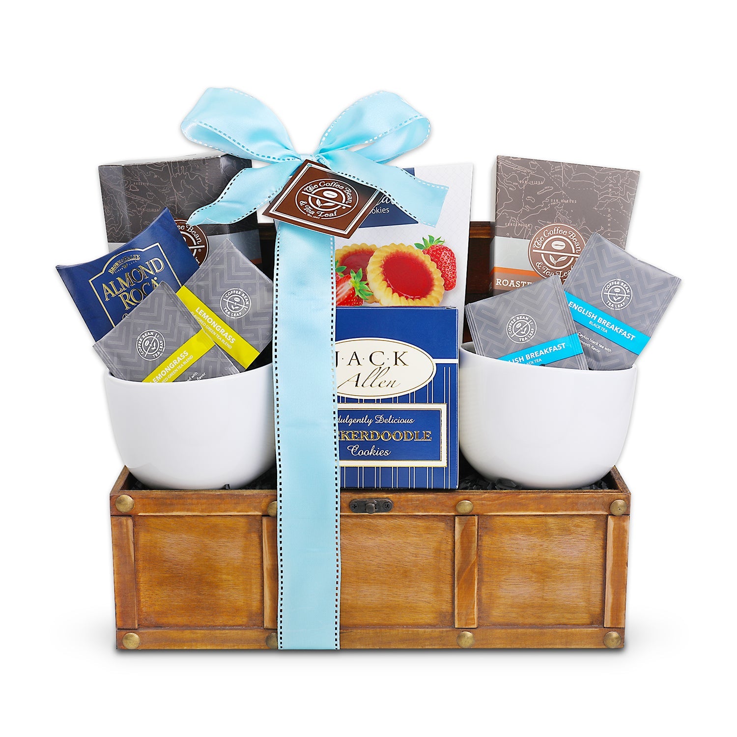 Gift basket with cookies, chips, and a ribbon on a white background