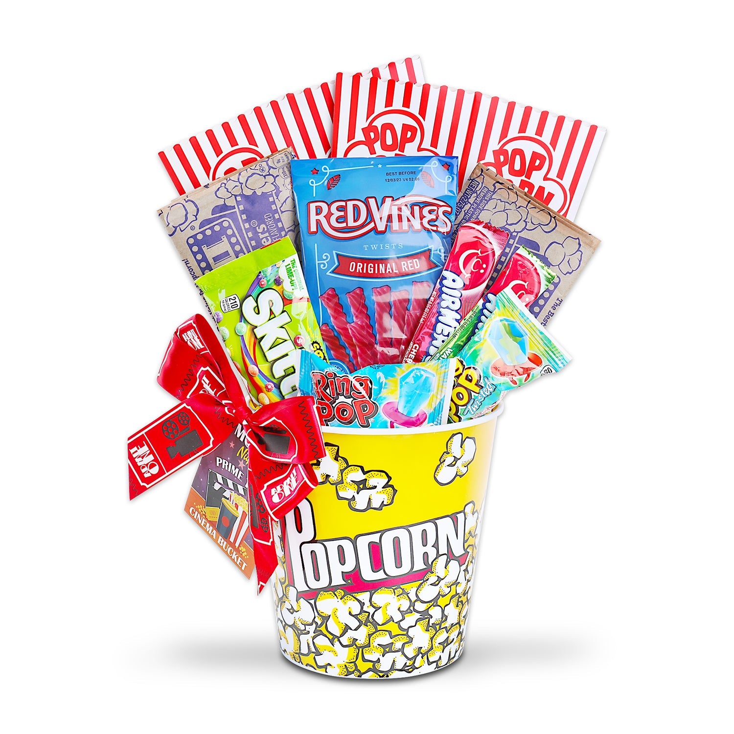 Popcorn-themed gift basket with candy and snacks on a white background