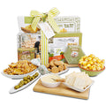 Gourmet gift basket with snacks and crackers on a white background