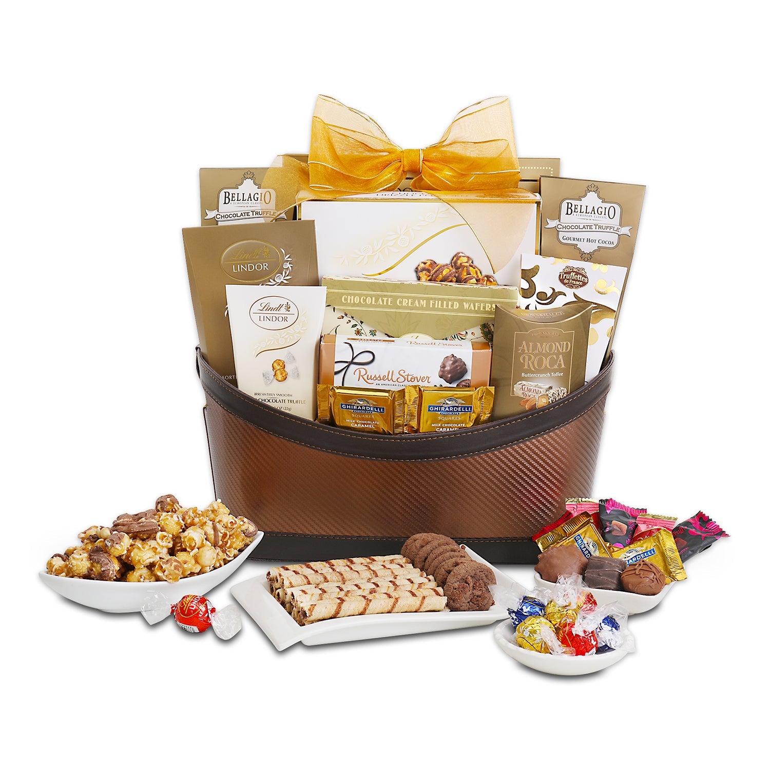 Gourmet gift basket with assorted snacks and treats on a white background