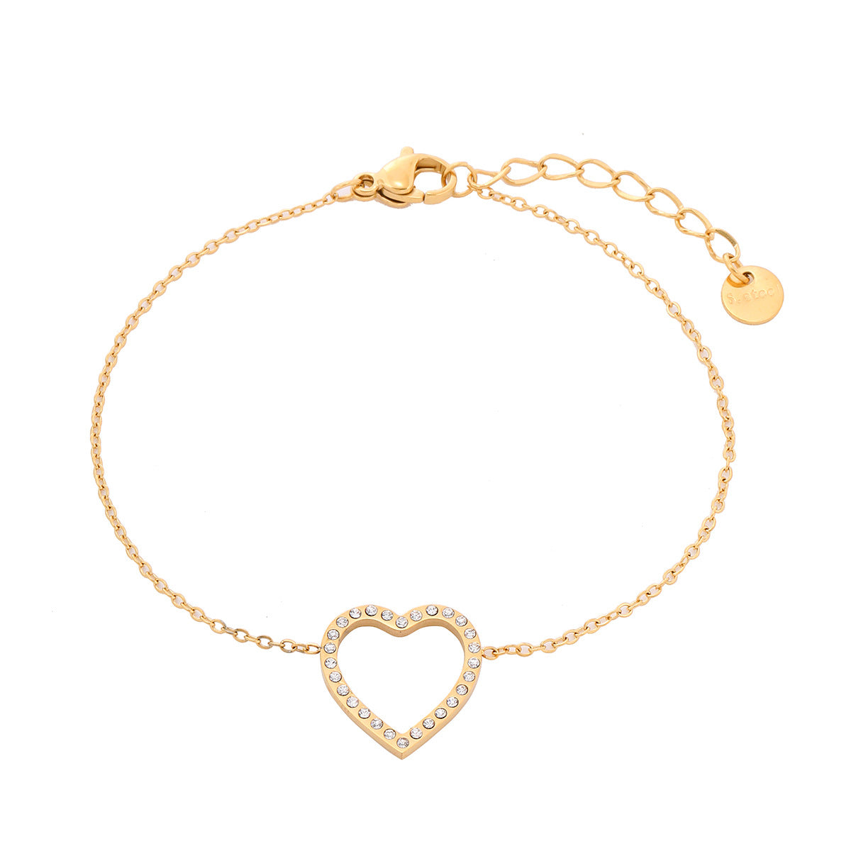 Gold bracelet with a heart-shaped clasp on a white background