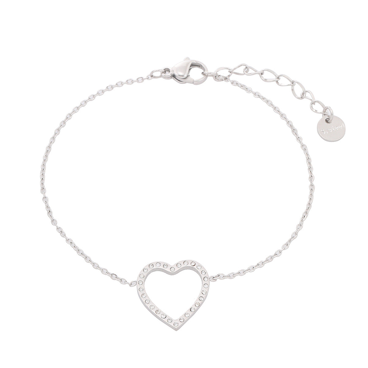 Silver bracelet with a heart-shaped clasp on a white background