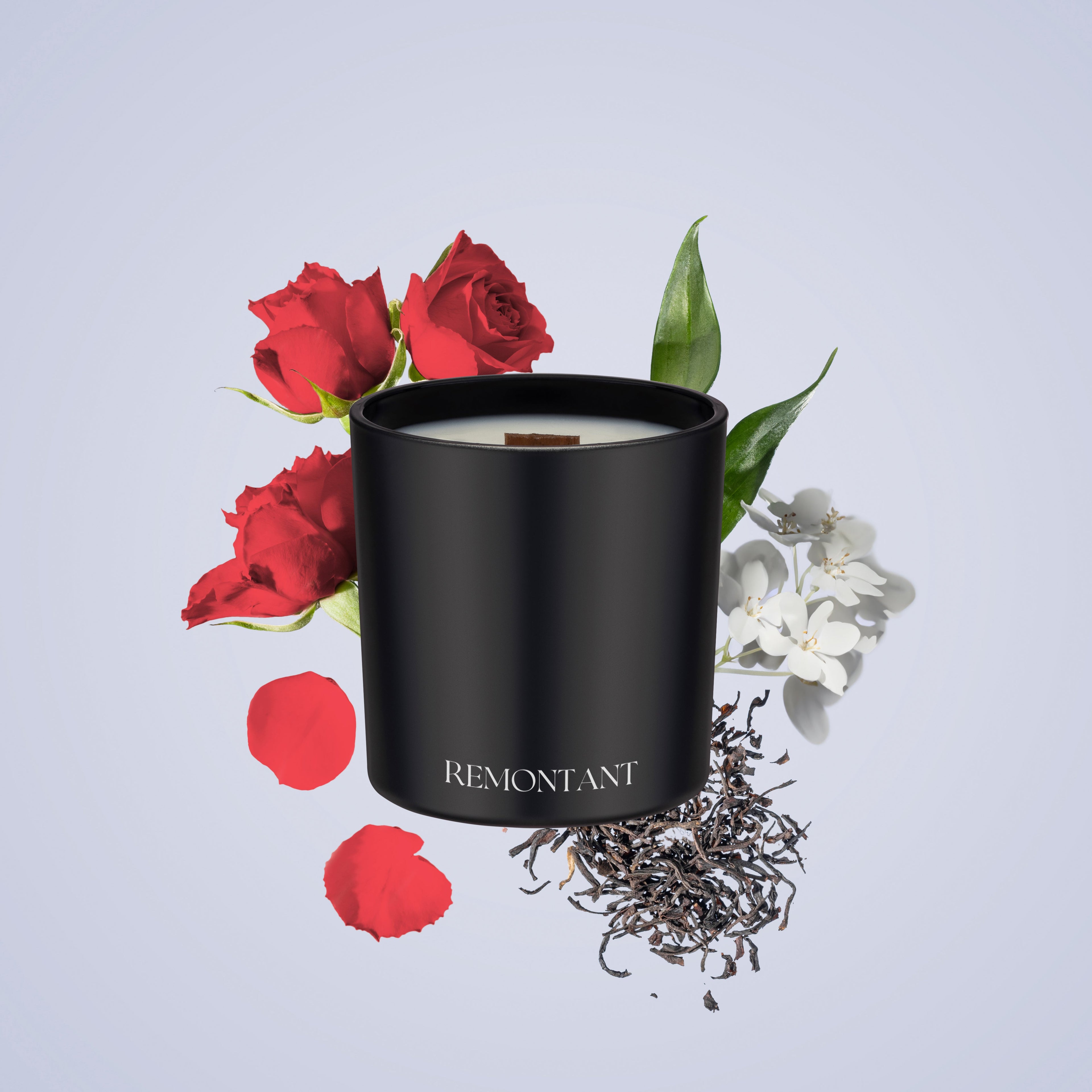 Black candle with 'REMONTANT' branding surrounded by red roses and white flowers on a light blue background
