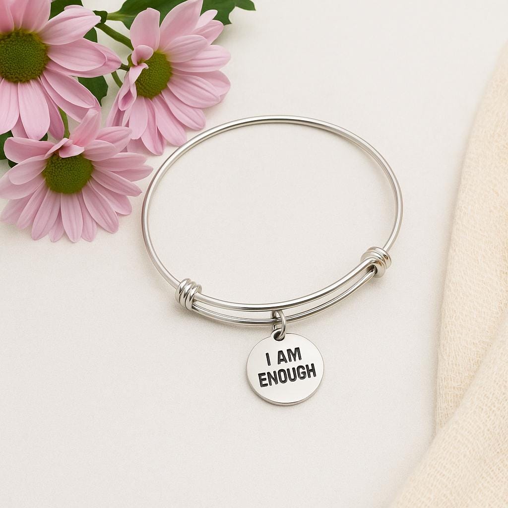 I Am Enough Bracelet Stainless Steel Adjustable Bangle With 19mm Round Charm, Inspirational Jewelry Self Love Gift For Her Affirmation