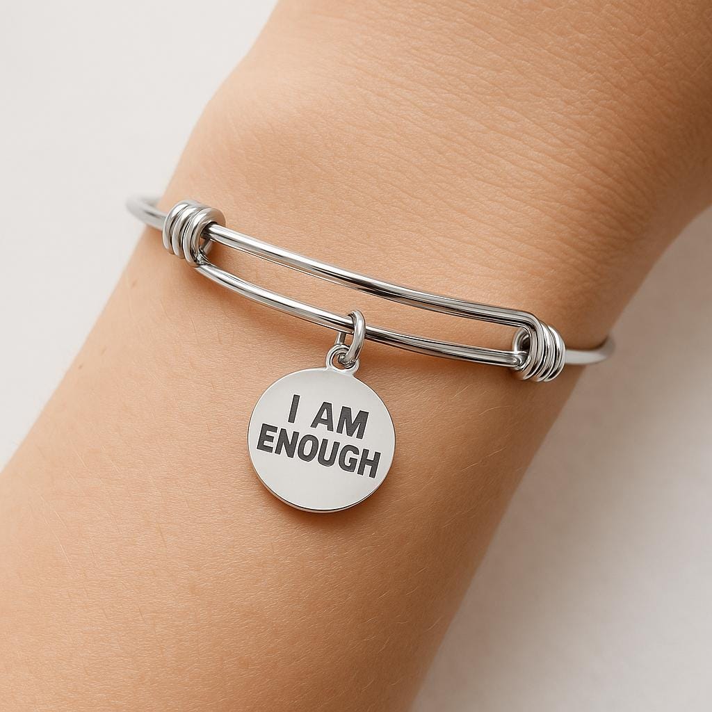 I Am Enough Bracelet Stainless Steel Adjustable Bangle With 19mm Round Charm, Inspirational Jewelry Self Love Gift For Her Affirmation