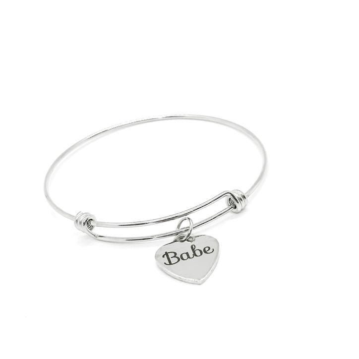 Babe Bracelet Stainless Steel Adjustable Bangle With 19mm Heart Charm, Romantic Jewelry Gift For Girlfriend Wife Anniversary Valentine