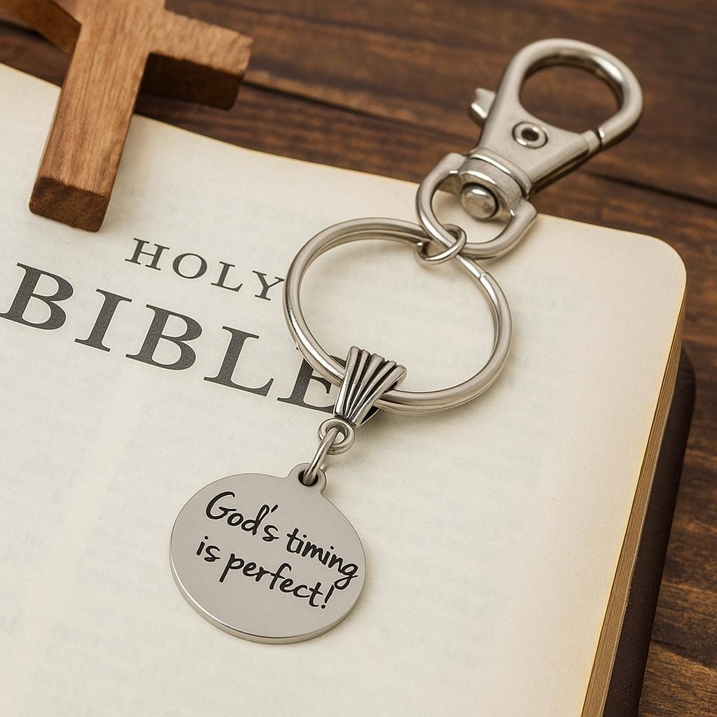Gods Timing Is Perfect Engraved Clip On Charm Keychain Faith Inspiration Gift