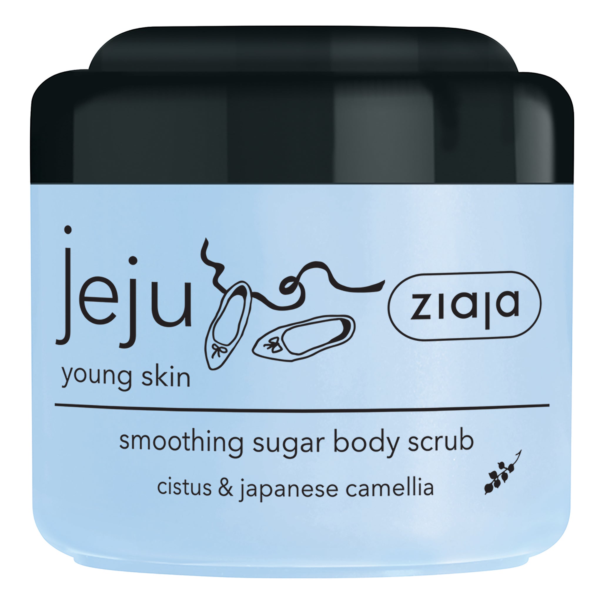 Ziaja Jeju young skin smoothing sugar body scrub container on a white background