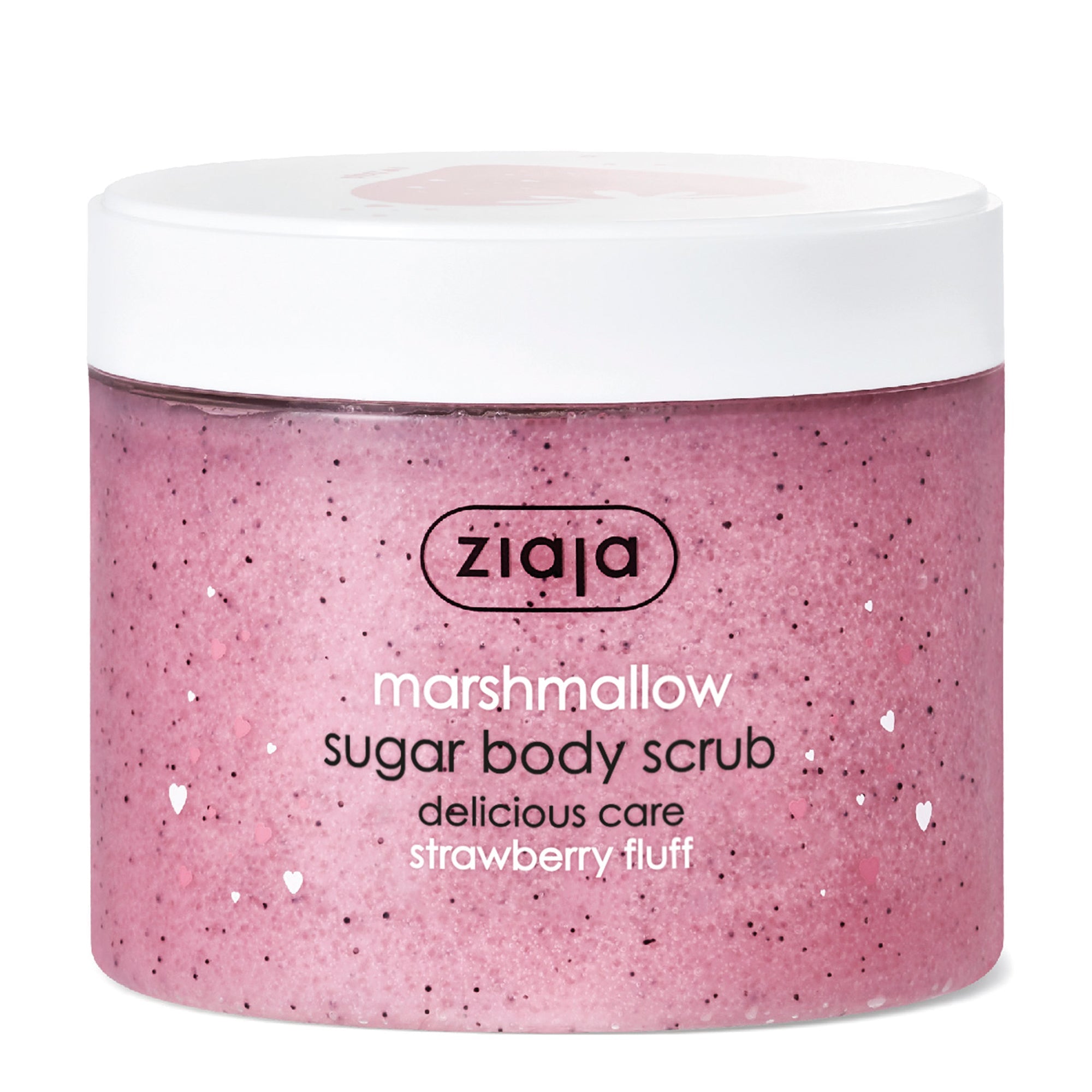 Jar of Ziaja marshmallow sugar body scrub with pink color and white lid on a white background