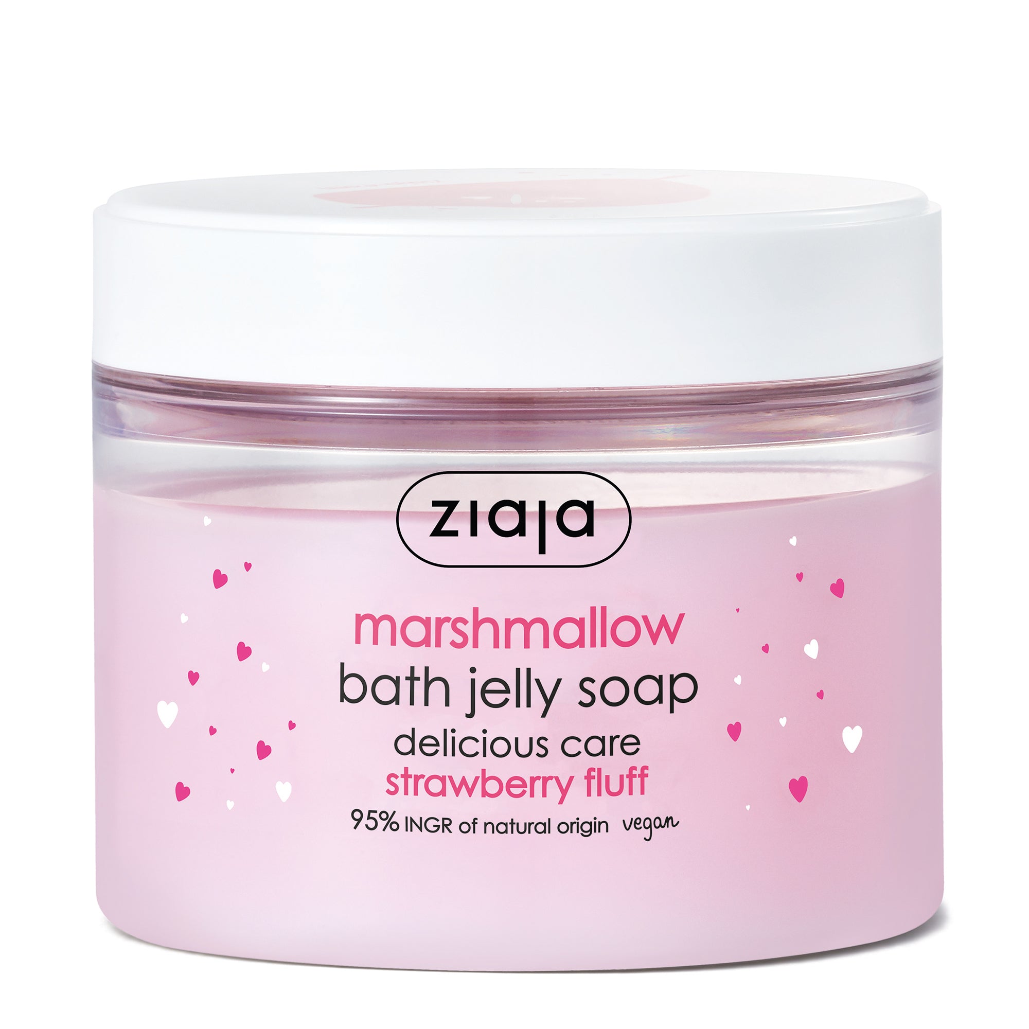 Pink jar of Ziaja marshmallow bath jelly soap on a white background