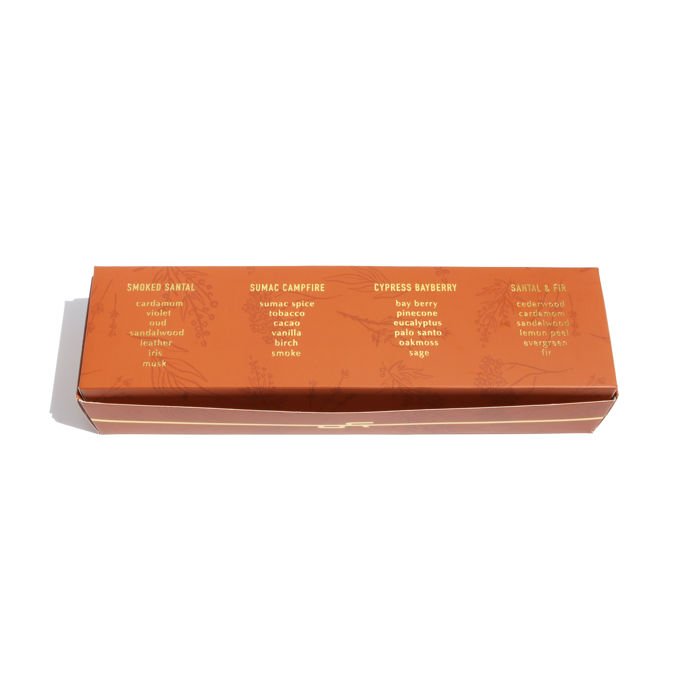 Box of incense sticks with text on an orange background