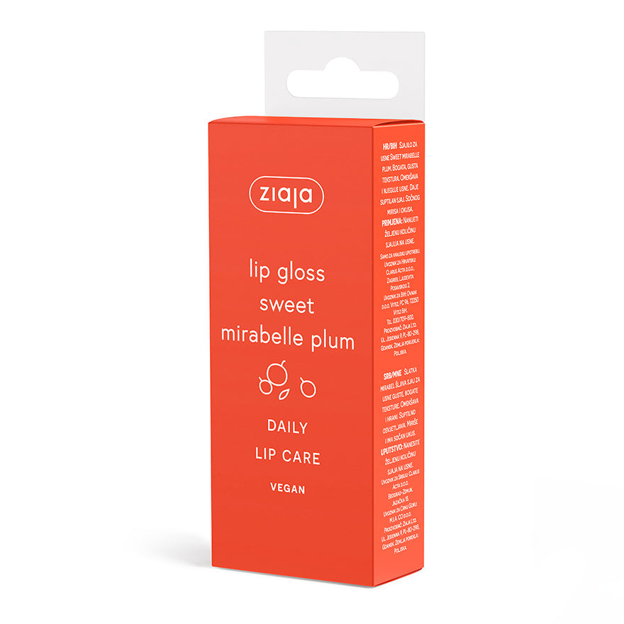 Ziaja lip gloss packaging with 'sweet mirabelle plum' flavor on a white background