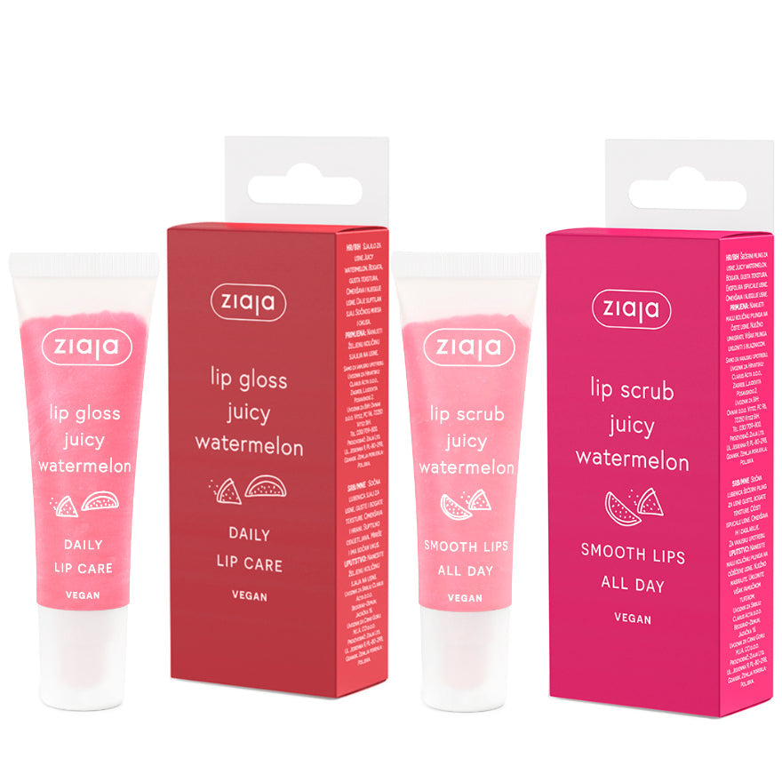 Ziaja lip gloss and lip scrub set with pink packaging on a white background